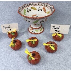 Temptations Old World Fall Harvest Pedestal Dish Candy & 6 Pumpkin Place Holders